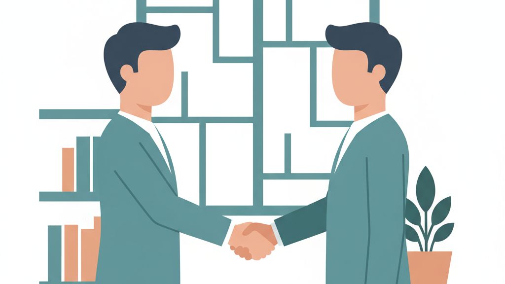フリーランスコンサルタントとクライアント企業の担当者がデスクを挟んで握手を交わすフラットイラスト